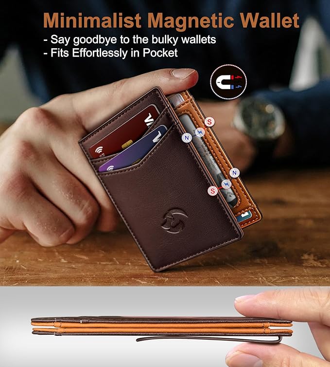 Magnetic Closure Slim Wallet for Men with Money Clip Gift Boxed,Genuine Leather Front Pocket Wallet, 3.9"x 2.7", RFID Blocking