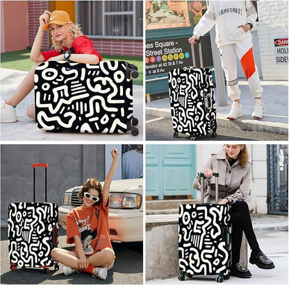 ANNA QUEEN Abstract Black and White Luggage Cover, Artistic Line Design, Stretchable & Washable Travel Sleeve for 20-34 Inch Luggage