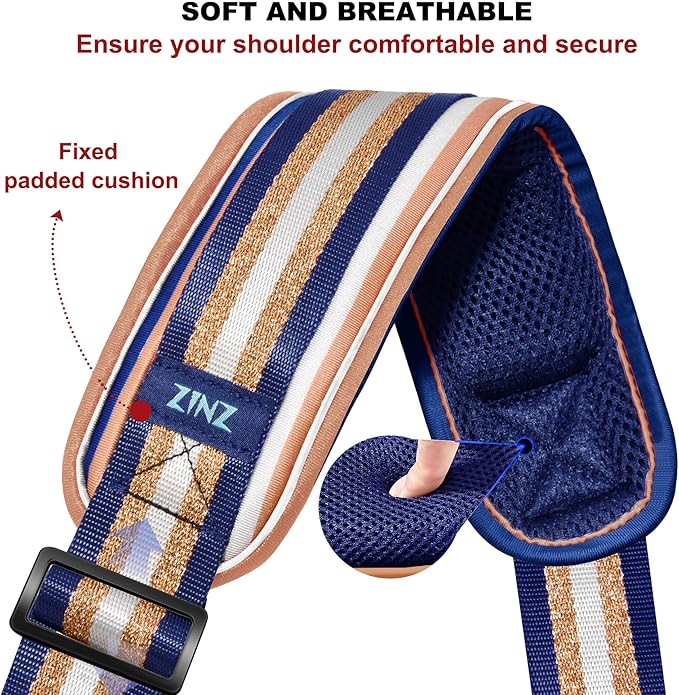 ZINZ 74" Shoulder Strap with Fixed Pad and Dual Balanced Buckles，Blue Gold Jacquard