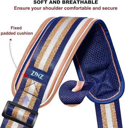 ZINZ 74" Shoulder Strap with Fixed Pad and Dual Balanced Buckles，Blue Gold Jacquard