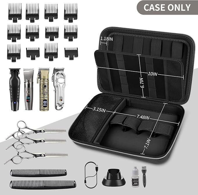 Boobowl Hard Travel Case for Hair Clippers, Hair Cutting Barber Supplies Organizer Bag, Trimmer Storage Holder for Ufree/for Wahl Men Razor Guard Grooming Kits -Box Only (Black+Silver Zipper)