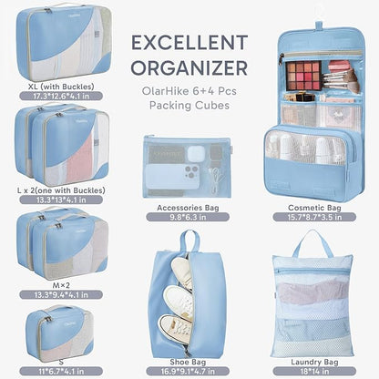 ALL INCLUDED 10 Set Durable Packing Cubes for Suitcases,OlarHike Essentials for Travel,UPGRADED Anti-Tear Stitching, NEW Improved Luggage Packing Organizers for Travel Accessories, Light Blue