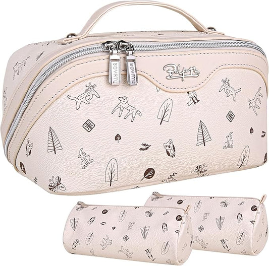 BOYATU Travel Makeup Bag Cosmetic Bags for Women: 3 Pcs Set Portable Make up Bag with Handle - Vegan Leather Toiletry Bags with Compartments - Makeup Organizer for Travel Essentials(L-4-White)