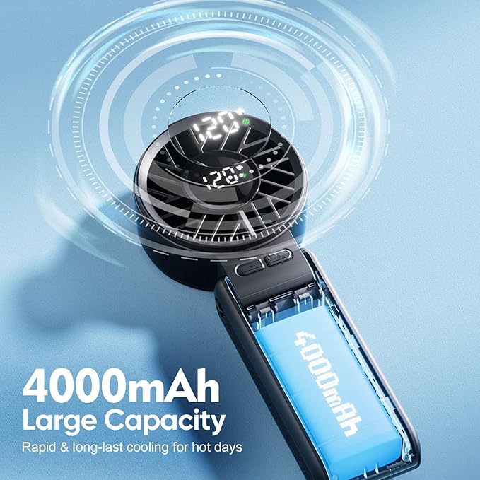 Portable Handheld Fan, 4000mAh Rechargeable, 6 Speed Settings, LCD Display, 3-in-1 Foldable Mini Desk Fan with Lanyard (BLACK)