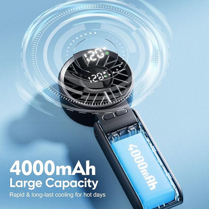 Portable Handheld Fan, 4000mAh Rechargeable, 6 Speed Settings, LCD Display, 3-in-1 Foldable Mini Desk Fan with Lanyard (BLACK)