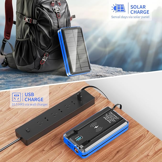 Solar Power Bank 52800mAh 5V/3A Fast Charging Battery Pack with Built in 4 Cables 2 Outputs & LED Flashlight for Cell Phone Camping and Hiking