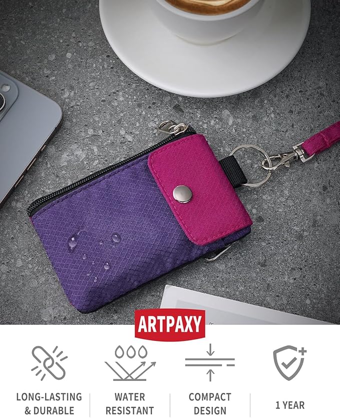 Minimalist Wallet For Mens Womens, Keychain RFID Blocking Zipper Small Wallet with ID Window 2 Lanyards,Water Resistant Travel Cash Card Coin Case Boys Girls