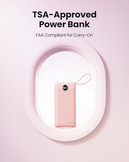 Portable Phone Charger, Slim 10000mAh Power Bank with Cords Wires, Battery Pack 5 Outputs 2 Inputs LED Display Compatible with iPhone/Android & More (Pink)