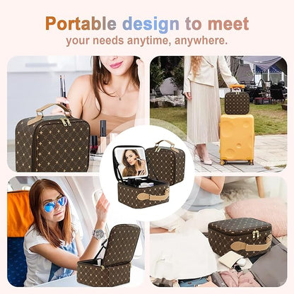 Travel Makeup Bag With 360° rotating LED Mirror,Waterproof cosmetic organizer,Portability Cosmetic case,Makeup organizer,Gift for Women,Girls Gift (Brown)
