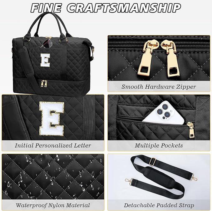 Gifts for Women Girls Initial Travel Duffle Bag Quilted Weekender Carry-On Overnight with Cosmetic Bag, Gym Bag with Shoe Compartment, Black E