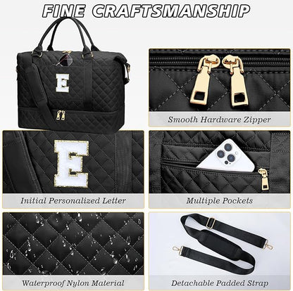 Gifts for Women Girls Initial Travel Duffle Bag Quilted Weekender Carry-On Overnight with Cosmetic Bag, Gym Bag with Shoe Compartment, Black E