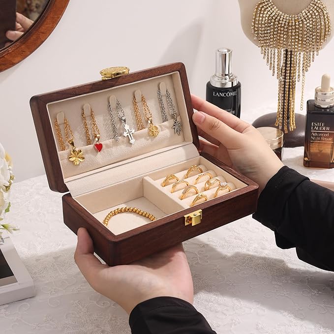 Travel Jewelry Case Wood Small Jewelry Box for Women Wood Jewelry Organizer Storage Holder For Earrings Rings Necklaces Velvet Wooden Jewelry Box With Lock