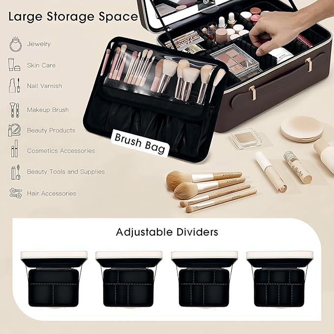 Leather Makeup Case with LED Lighted Mirror 11.4 Inch Travel Makeup Bag Adjustable Brightness in 3 Colors Cosmetic Organizer Artist Storage Bag with Dividers Brush Holder Bag Vanity Dark Brown