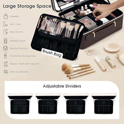 Leather Makeup Case with LED Lighted Mirror 11.4 Inch Travel Makeup Bag Adjustable Brightness in 3 Colors Cosmetic Organizer Artist Storage Bag with Dividers Brush Holder Bag Vanity Dark Brown