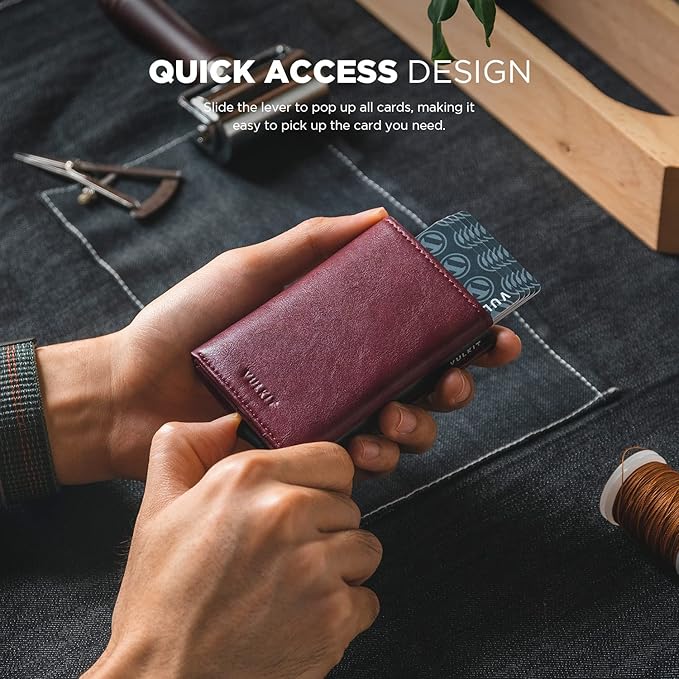 VULKIT Pop up Card Wallet Minimalist Cash Wallets RFID Blocking Leather Smart Credit Card Holder with ID window for Men (Wine)