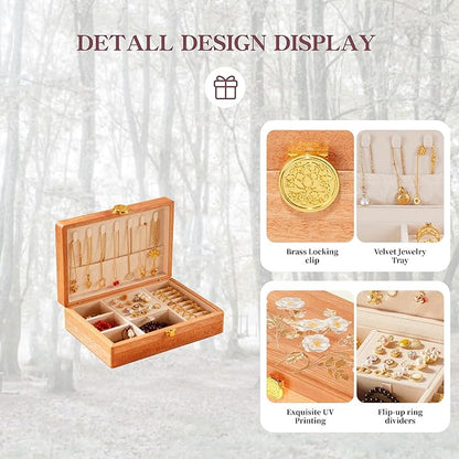 Travel Jewelry Case Small Wood Jewelry Organizer Jewelry Box for Women (Pine Wood Print A)