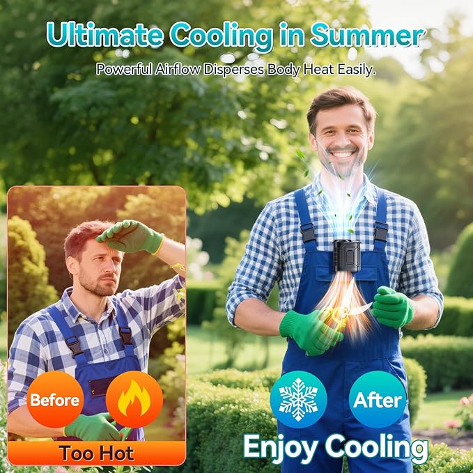 Portable Waist Fan, 5 Speeds & 15000RPM Strong Airflow Belt Fan, 10000mAh Rechargeable Wearable Shirt Fans with Flashlight, Personal Hands-Free Neck Fan for Outdoor, Camping, Worksites