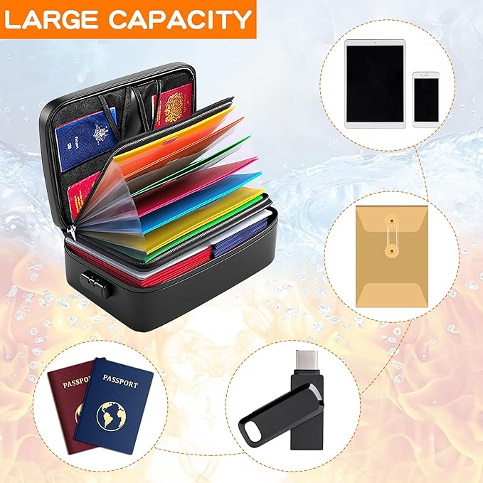 Fireproof Document Box for Home - Waterproof Locking File Organizer for Important Documents Certificates Passports Insurance Papers