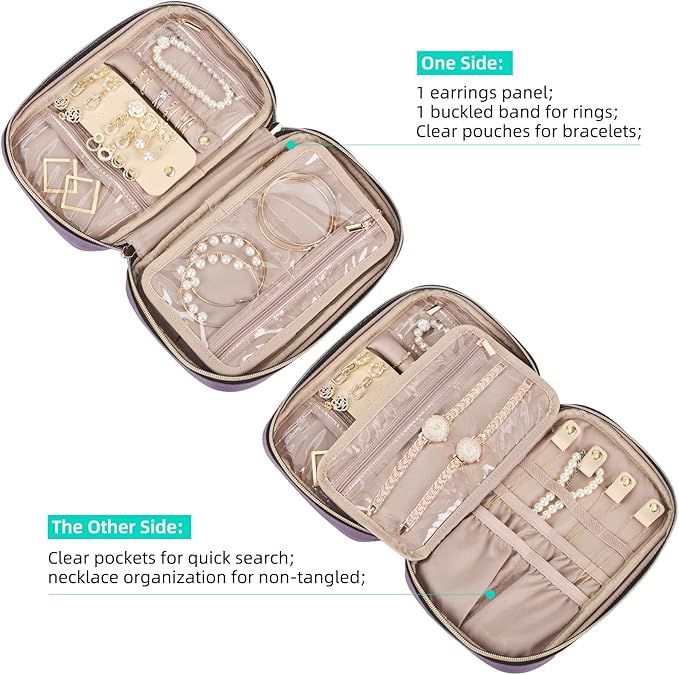 NISHEL Travel Jewelry Case, Holiday Organizer for Necklaces, Earrings, Rings, Bracelets, Watch, Purple