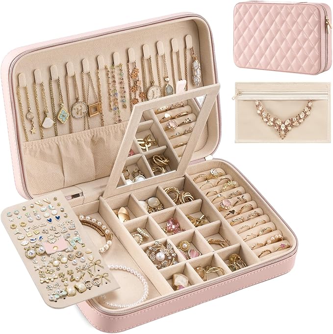 Lolalet Travel Jewelry Case for Women Girls, Travel Jewelry Organizer Box with Mirror & Clear Storage Bag, Small Portable Earring Necklace Bracelet Ring Case, Birthday Christmas Gifts -Large, Pink