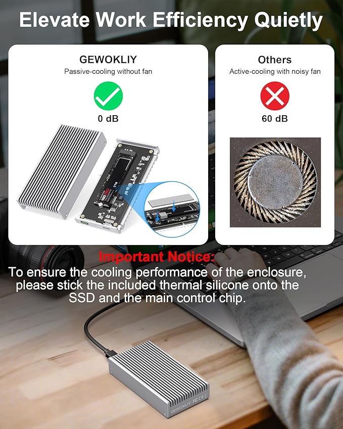 Noiseless 40Gbps M.2 NVMe Enclosure, USB C Aluminum External SSD Enclosure Compatible Thunderbolt4/3 8TB SSD Adapter, PCIe Gen4 M.2 SSD Reader Fits 2280/2260/2242/2230mm M B+M Key (Silver)