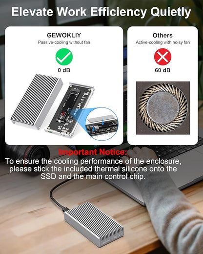 Noiseless 40Gbps M.2 NVMe Enclosure, USB C Aluminum External SSD Enclosure Compatible Thunderbolt4/3 8TB SSD Adapter, PCIe Gen4 M.2 SSD Reader Fits 2280/2260/2242/2230mm M B+M Key (Silver)
