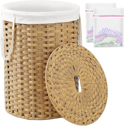 Laundry Basket with Lid Round Rattan Laundry Hamper with Lid and Handles 29.1 Gal (110 L) Handwoven Woven Basket with Removable Bags and 2 Mesh Bags for Bathroom Living Room Natural