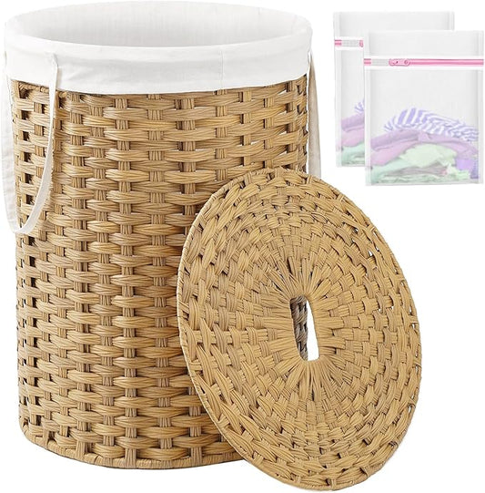 Laundry Basket with Lid Round Rattan Laundry Hamper with Lid and Handles 29.1 Gal (110 L) Handwoven Woven Basket with Removable Bags and 2 Mesh Bags for Bathroom Living Room Natural