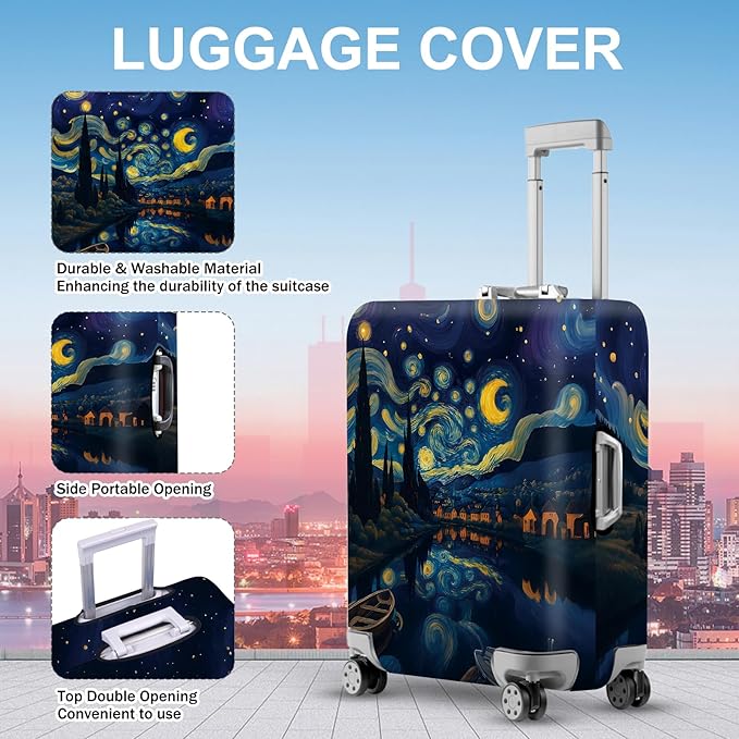 ANNA QUEEN Starry Night Art Luggage Cover, Van Gogh Inspired Suitcase Protector, Washable Stretchable Travel Sleeve for 24-26 Inch Luggage