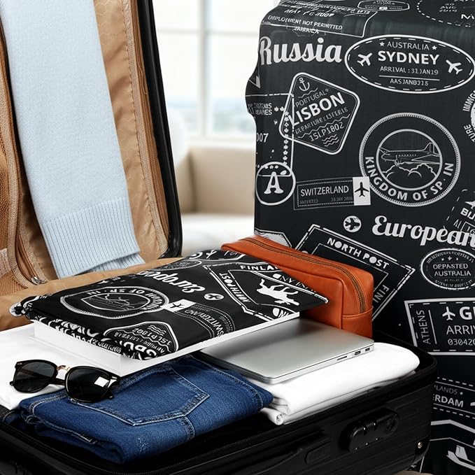 Sherr 3 Pieces Travel Luggage Cover Suitcase Protector Anti Scratch Suitcase Washable Baggage Covers(S/medium/l,Vintage Theme,Black White)