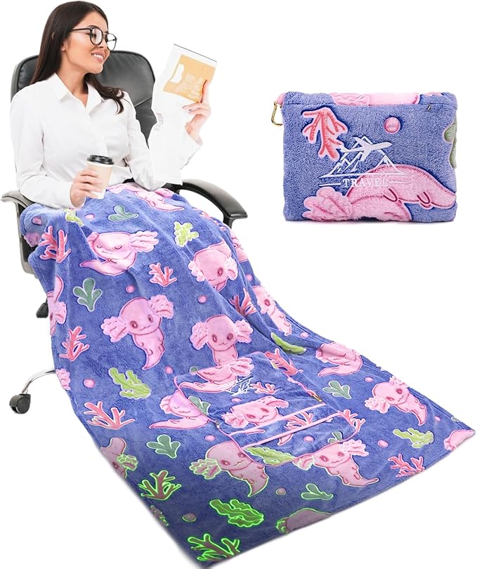 Axolotl Blanket for Airplane Travel - Glow in The Dark Kids Travel Blanket Pillow Set for Plane, Car - Axolotl Gifts Toys for Girls, Small Soft Purple Fleece Throw for Teens Girls 40" x 60"