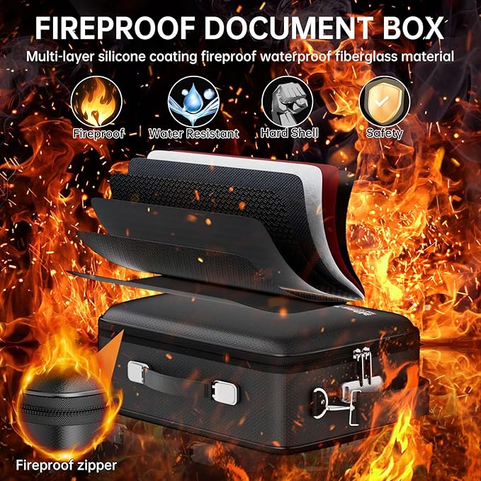 Tamfile Fireproof Document Box, Hard-Shell Case 5200°F Fireproof Water Safe File Box with Lock, 8-Layer Fireproof Safe File Organizer for Important Documents, Valuables, Laptop, Passports (Black)