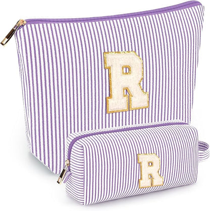2 PCS Initial Makeup Bags for Women: Cosmetic Bag for Travel Toiletry - Birthday Gifts for 11 12 13 14 15 16 17 18 Years Old Girl Graduation Teacher Gift- Teen Girl Gifts Trendy Stuff - Purple R