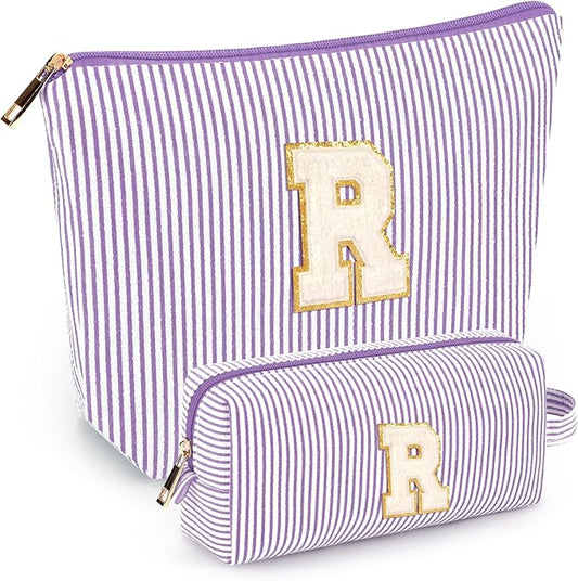 2 PCS Initial Makeup Bags for Women: Cosmetic Bag for Travel Toiletry - Birthday Gifts for 11 12 13 14 15 16 17 18 Years Old Girl Graduation Teacher Gift- Teen Girl Gifts Trendy Stuff - Purple R