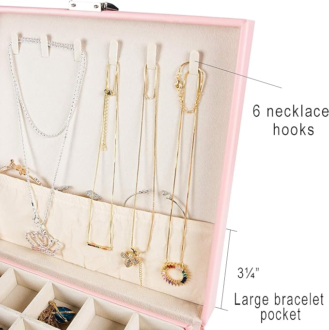Frebeauty Earring Organizer Classic Jewelry Box 50 Slots Double Layer Jewelry Storage Case with 6 Necklace Hook and Bracelet Pocket(Pink)