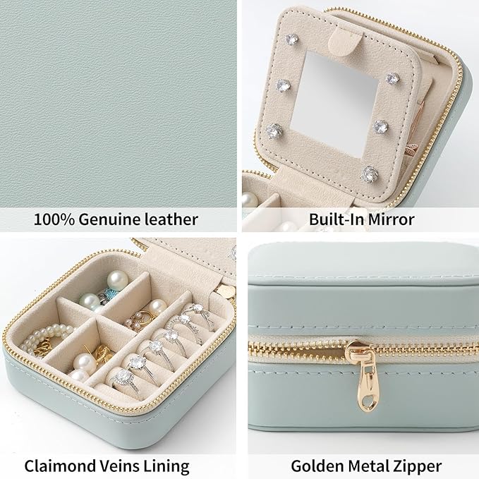 Genuine Leather Travel Jewelry Organizer Case with Mirror for Women, Small Mini Portable Jewelry Box for Earring, Ring, Necklace, Bracelet（Mint Green）