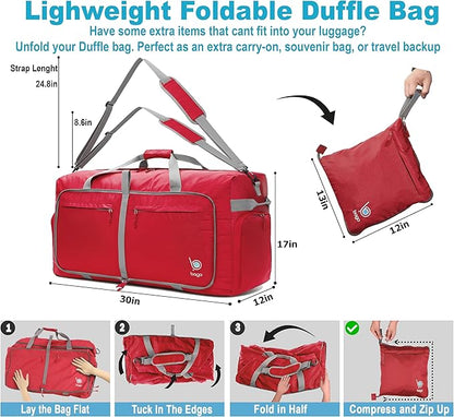 Bago Big XXL Foldable Duffel Bags for Traveling Women & Men - 140L Packable Duffle Bag for Travel with Shoe Compartment - Water Repellant, Heavy Duty, Lightweight Folding & Collapsible (Red)