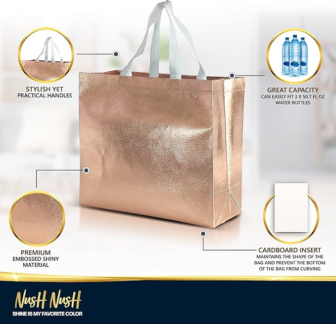 Nush Nush Large Rose Gold Gift Bags Bulk - Set of 60 Shiny Rose Gold Reusable Gift Bags Large Size with Handles - For Small Business, Birthday Party Favors, Bridesmaids, Christmas Gifts - 13Wx5Dx11H