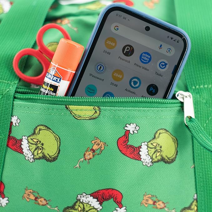The Grinch Dufffle Bag, Dr. Suess 16 inch Travel Sleepover Weekend Bag for Girls & Boys, Green