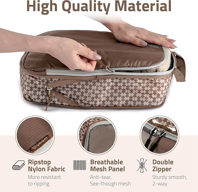 Oriday Set of 8 compression packing cubes for travel accessories- Expandable bags for clothing, toiletry, backpacks, organizing essentials (Beige)