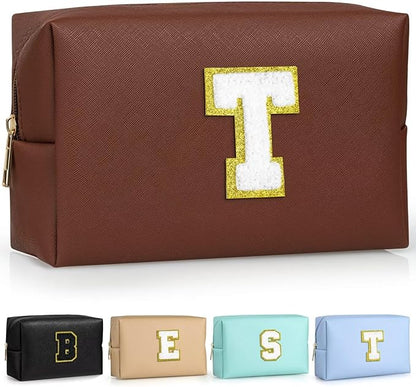 TOPEAST Preppy Stuff for Girls, Initial Makeup Bag Chenille Letter Pouch Cosmetic Bag with Zipper, PU Leather Waterproof Toiletry Bag, Cute Stuff Birthday Gift for Friends Sister (Brown T)