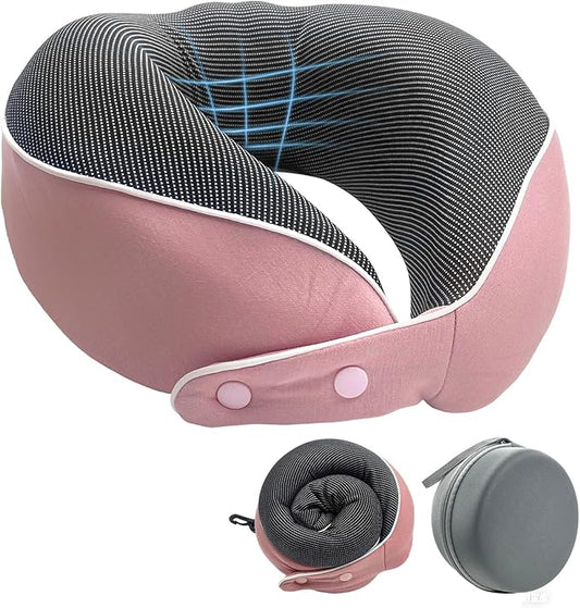 Memory Foam Neck Pillow Travel - Travel Pillows for Airplanes with Round Storage Box, 360° Ergonomic Support for Sleeping on Long Flights, Compact & Portable (Pink)