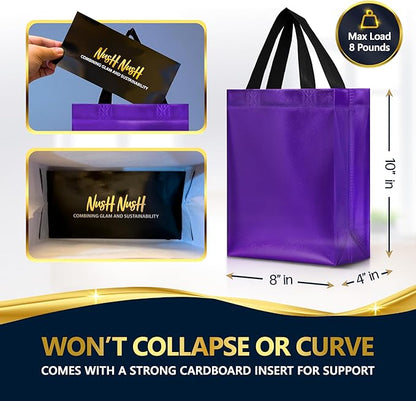 Nush Nush Set of 60 Shiny Purple Gift Bags Bulk Medium Size - Reusable Bulk Gift Bags with Handles - Ideal Goodie Bag For Halloween, Holiday, Small Business, Gifting Events, Birthday - 8Wx4Dx10H