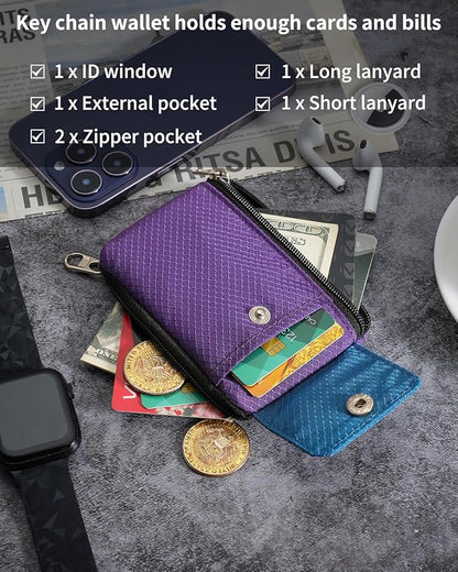 Minimalist Wallet For Mens Womens, Keychain RFID Blocking Zipper Small Wallet with ID Window 2 Lanyards,Water Resistant Travel Cash Card Coin Case Boys Girls
