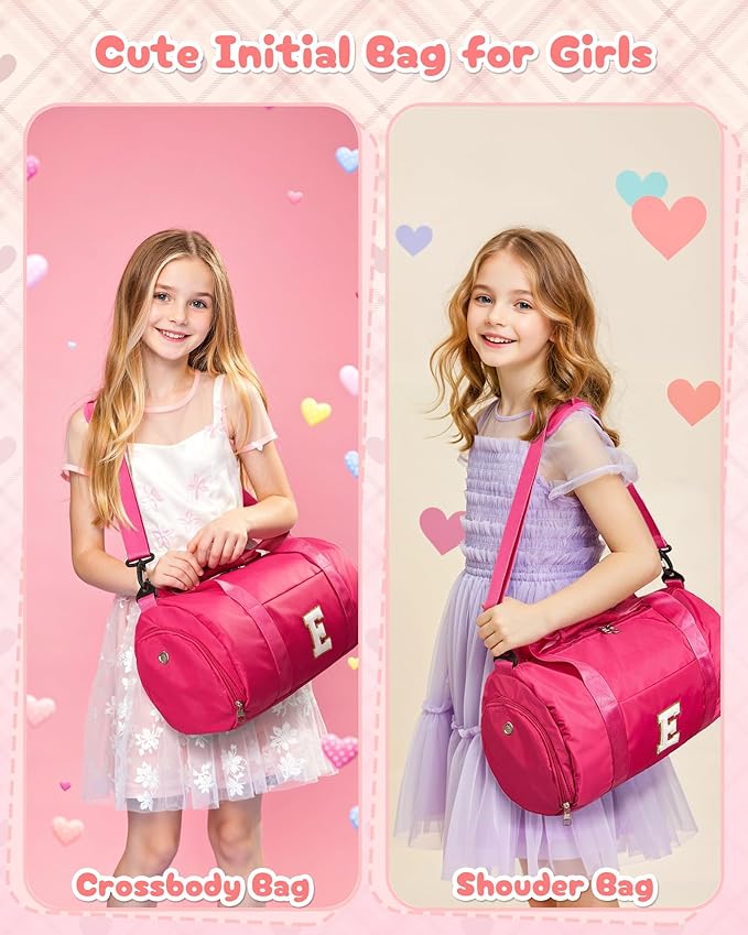 Teenager Girl Gift Ideas, Girls Travel Duffel Bag, Kids Initial Overnight Bags with Shoe Compartment, Customized Sport Gym Weekender Bag with Makeup Pouch, Preppy Stuff (Letter F)
