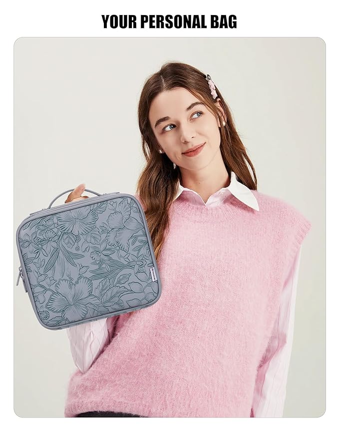 Relavel Travel Makeup Bag With LED Mirror for Women, Cosmetic Organizer Bag with Adjustable Brightness in 3 Color Scenarios, Detachable Dividers, Waterproof Train Case for Daily - Dark Blue FLowers