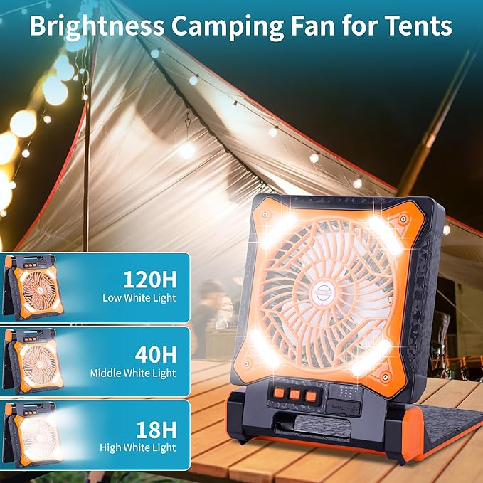 Solar Fan Battery Powered Rechargeable Solar Camping Fan with Led Lantern Power Bank Foldable Angle USB Personal Fans for Travel Outdoor CampingTents camping essentials X98 Orange