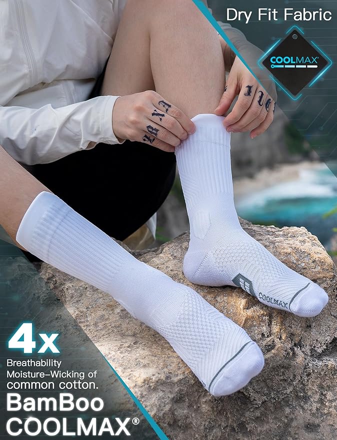 Mens Bamboo Viscose Crew Compression Running Socks Athletic Hiking Cushioned Wicking Anti-Blister Seamless