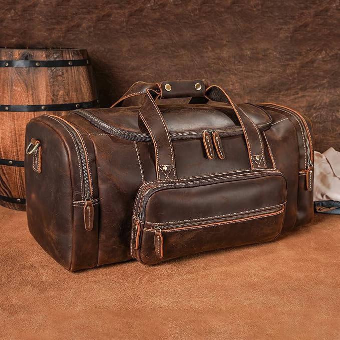 Polare 23" Full Grain Cowhide Leather Gym Duffle Weekender Overnight Travel Duffel Bag For Men