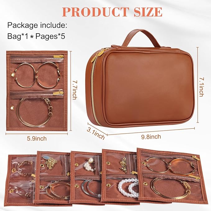 Leather Travel Jewelry Case Organizer,Jewelry Storage Book Binder with Clear Zipper Pouch & Lining-Portable Jewelry Bag for Earrings,Rings,Necklaces,Bracelets (Brown)